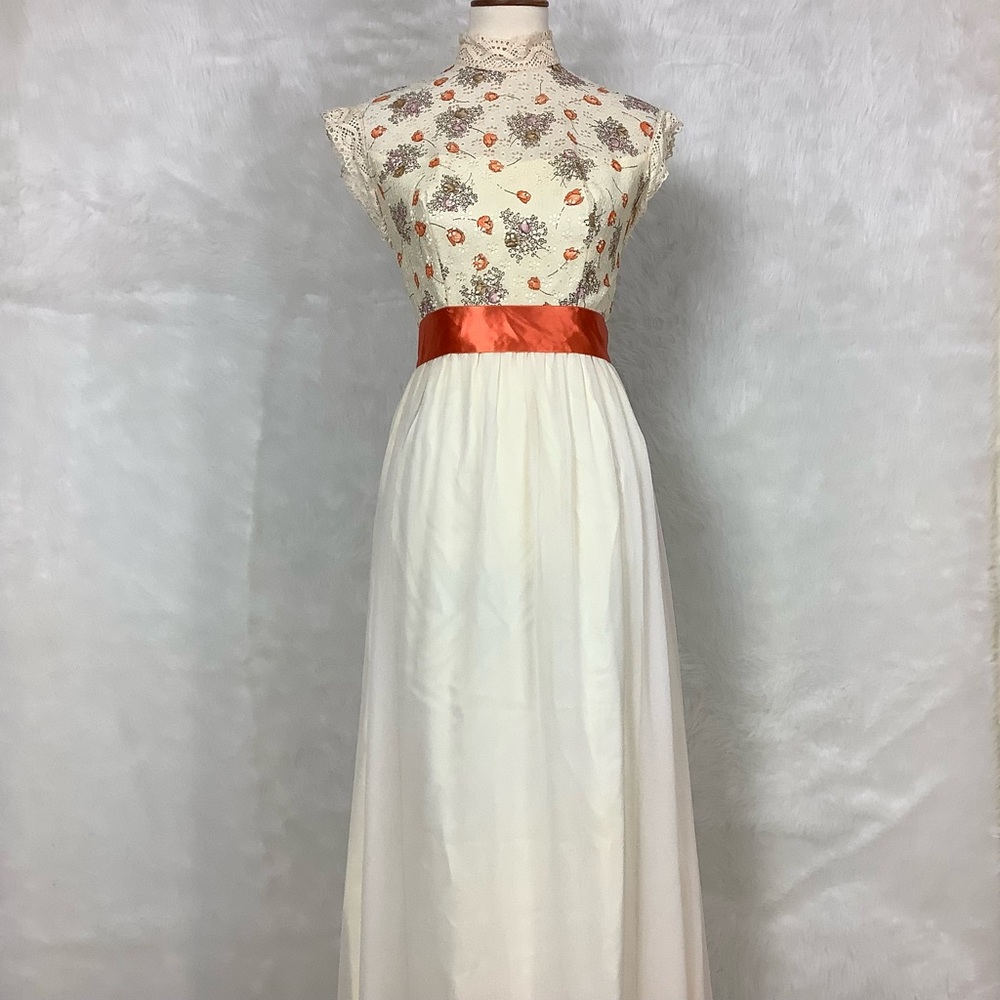 Vintage 70s Sheer Lace Ivory & Orange Floral Top Chiffon Skirt Dress S